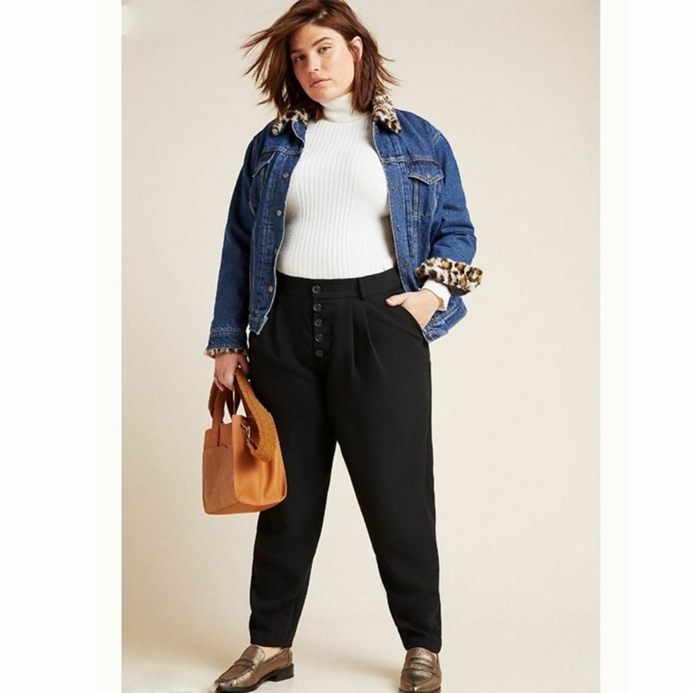 Anthropologie Sasha Button Fly Tapered Trousers Pleated High Rise Pant Black 16W